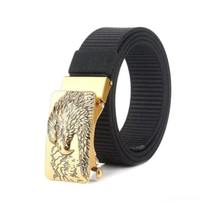 Black gothic canvas military belt with gold-toned eagle buckle three-quarter side view showing canvas texture and buckle detail