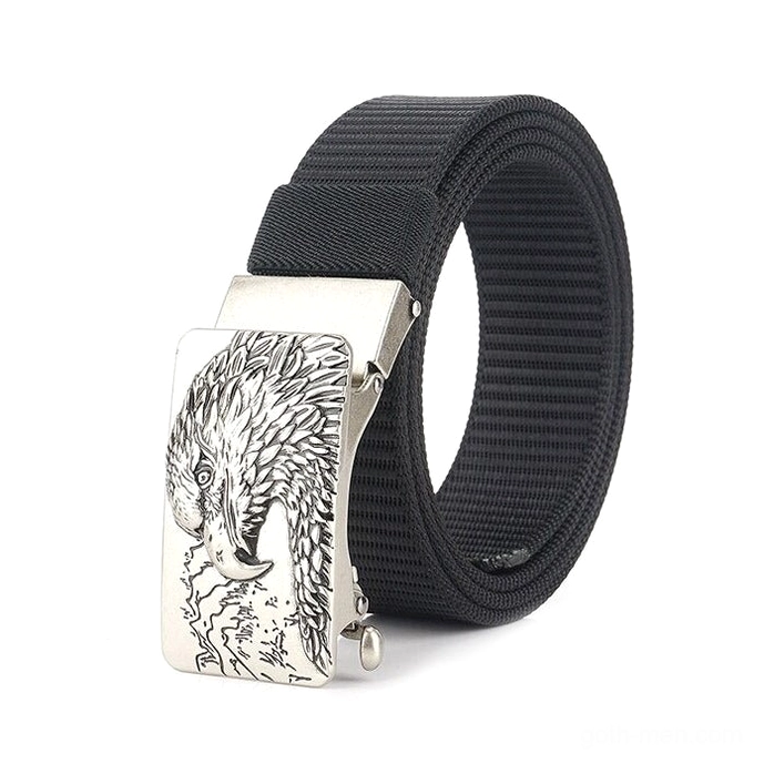 Black tactical canvas belt with silver-toned eagle buckle three-quarter angle showcasing premium canvas construction and metal hardware