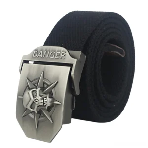 Black canvas gothic belt with silver spiked skull buckle engraved with DANGER text, front three-quarter view
