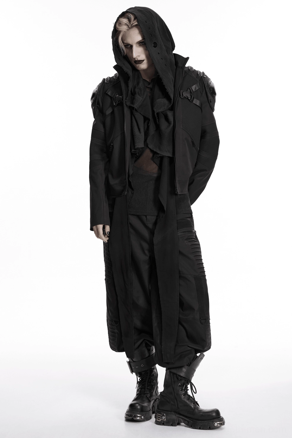 Black hooded cape vest metal eyelet placement and hardware detail focus