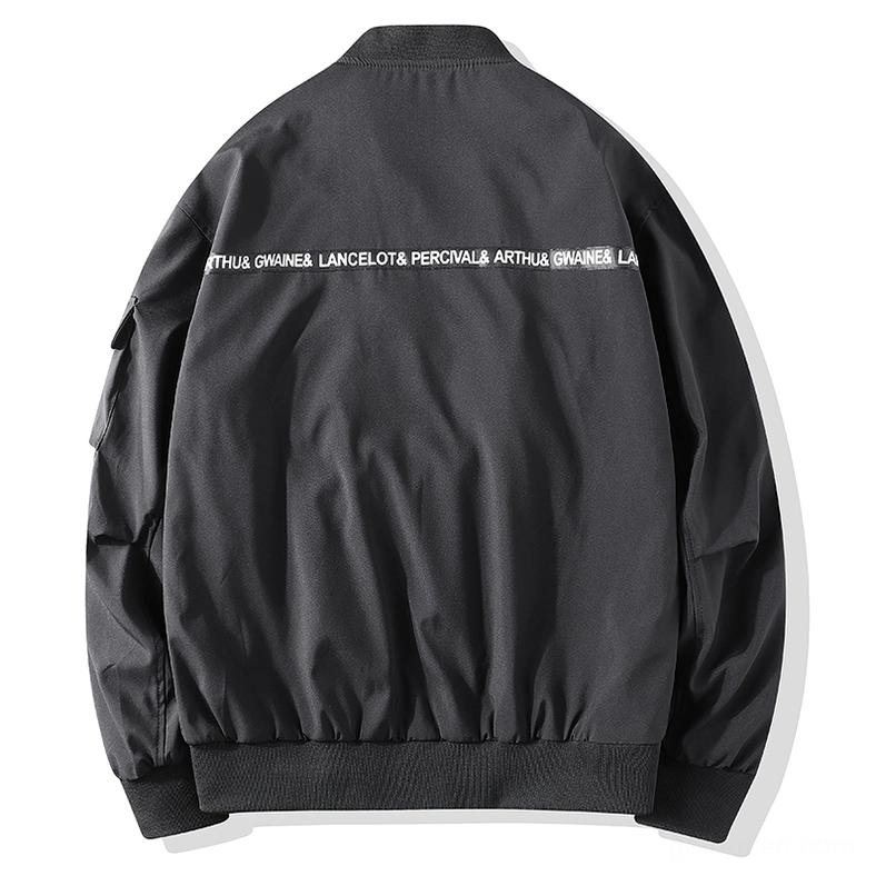 Black cargo bomber jacket flat lay back view displaying full letter print and side zipper pockets