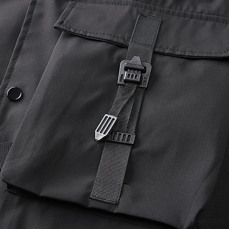 Black cargo bomber jacket cotton-polyester blend fabric texture and matte finish