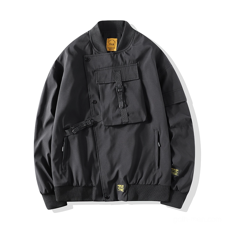 Black cargo bomber jacket flat lay front showing buckled chest pocket and ribbed cuffs detail
