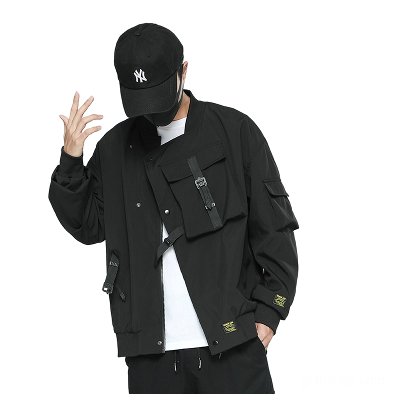 Black cargo bomber jacket with multi-pocket design and strap buckles, front view on male model wearing NY baseball cap
