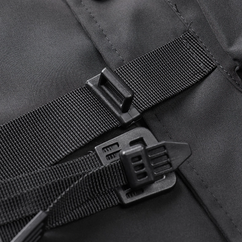 Black cargo bomber jacket with mandarin collar and brand hang tag on white background