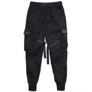 Black tactical cargo trousers flat lay display showing drawstring waist, utility pockets, and strap details from front direct angle