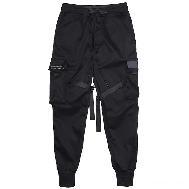 Black tactical cargo trousers flat lay display showing drawstring waist, utility pockets, and strap details from front direct angle