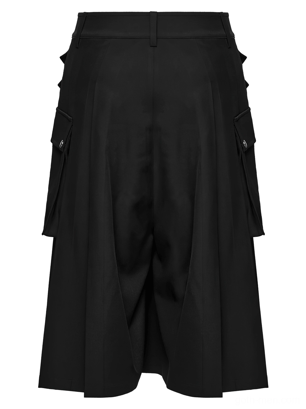Rear flat lay view of gothic pleated cargo kilt displaying side pockets and tailored pleats