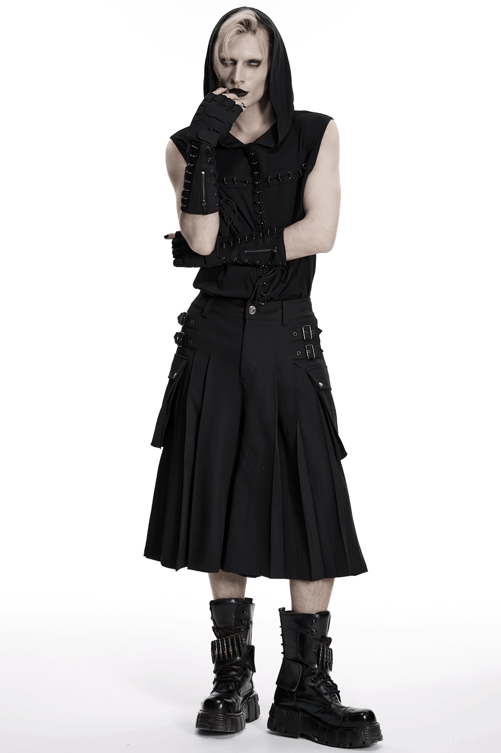 Black pleated cargo kilt back silhouette with decorative buckles and structured pleated design