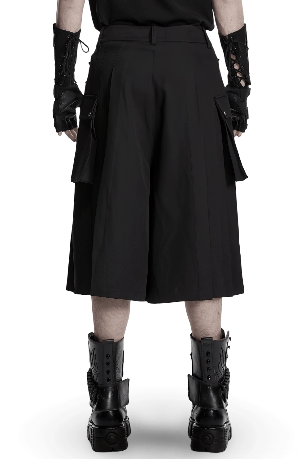 Gothic cargo kilt rear view showing pleated back design and functional side cargo pockets