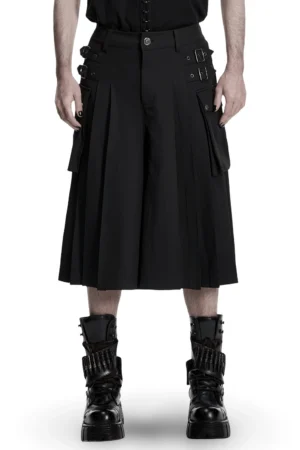 Black pleated cargo kilt with industrial buckles - front full body view on male model with boots and fingerless gloves