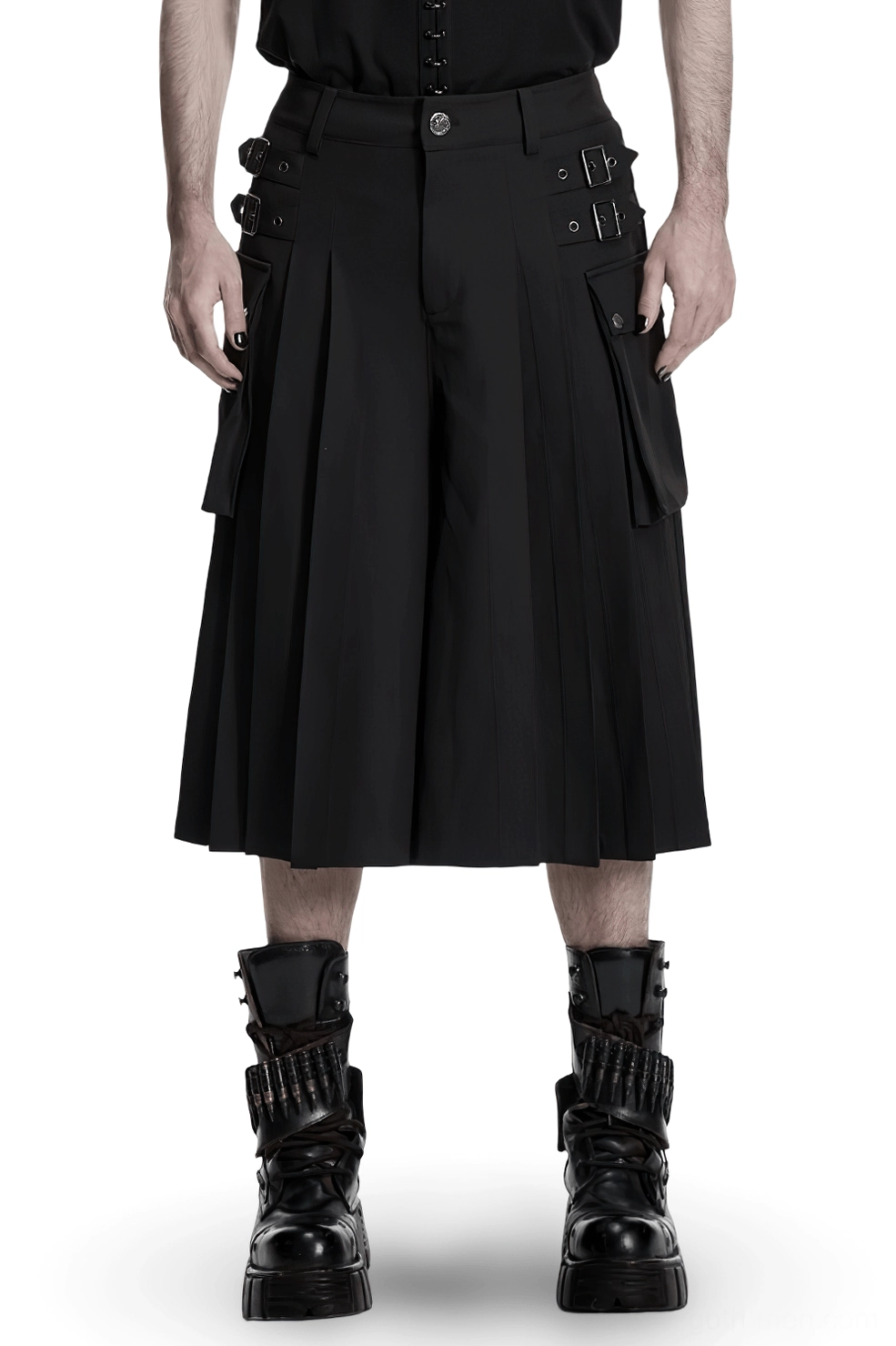 Black pleated cargo kilt with industrial buckles - front full body view on male model with boots and fingerless gloves