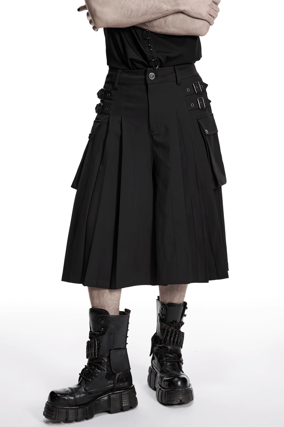 Black pleated cargo kilt complete garment view showing loose fit and industrial buckle hardware