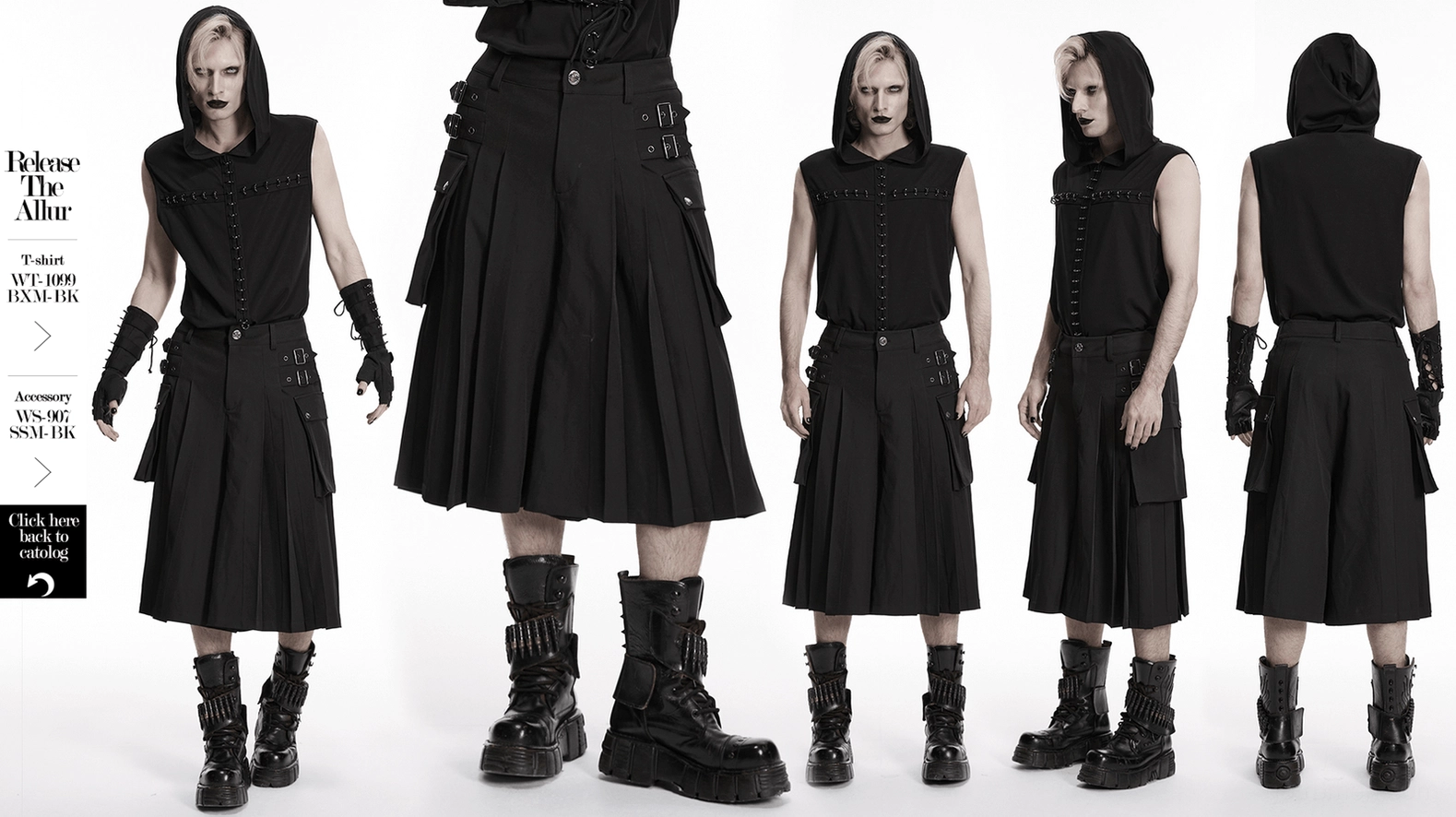 Black cargo kilt manufacturing detail showing stitching quality, pleated construction and buckle placement