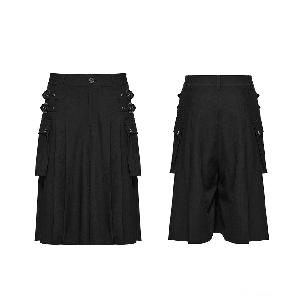 Flat lay front and back view of black pleated cargo kilt showing buckle decorations and pleated structure