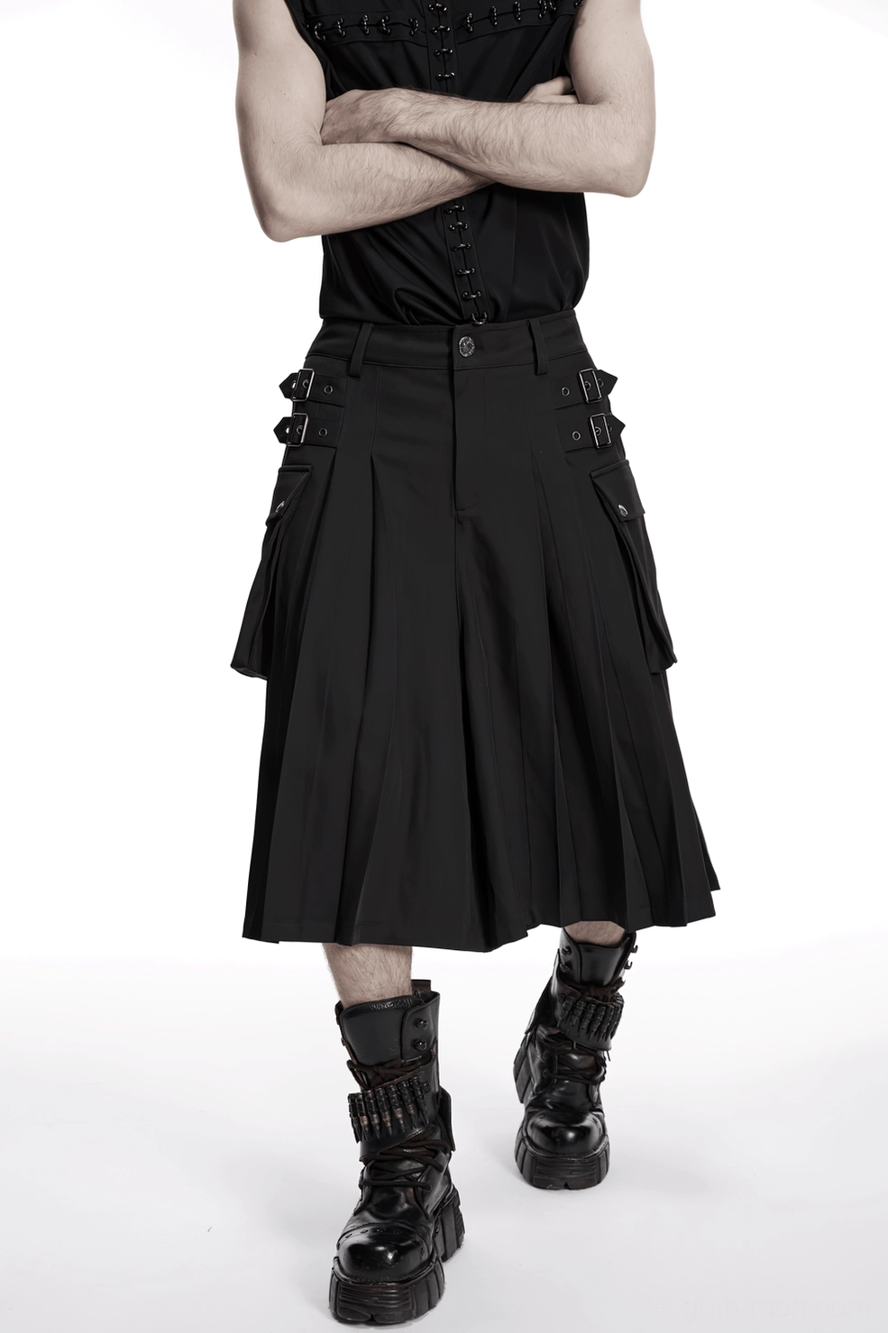Black gothic cargo kilt front full-length view with buckle decorations and pleated construction
