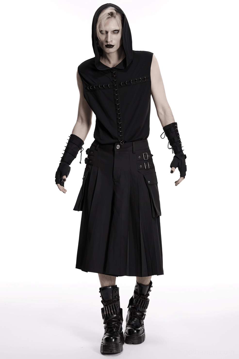 Cargo kilt detail view showing metal hardware, pleated panels and tailored fit structure