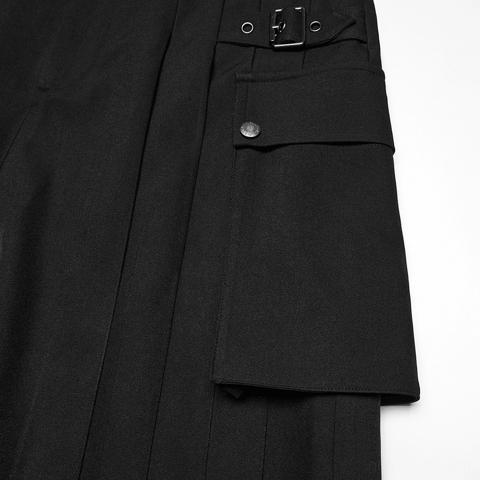 Side cargo pocket close-up revealing metal snap fastener, pleated fabric and decorative buckle detail