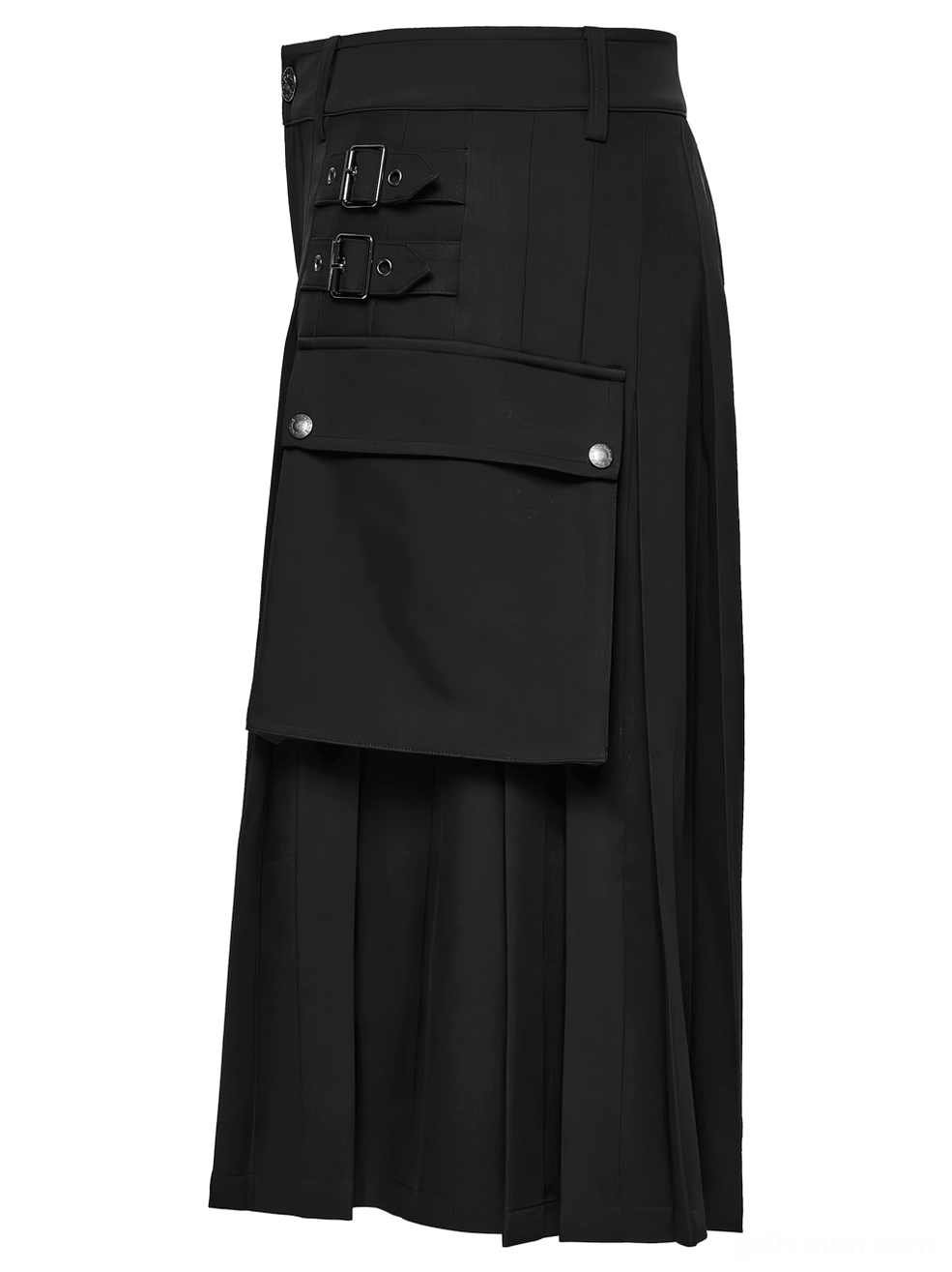 Side view detail of black cargo kilt showing flap cargo pocket, decorative buckles and pleated fabric