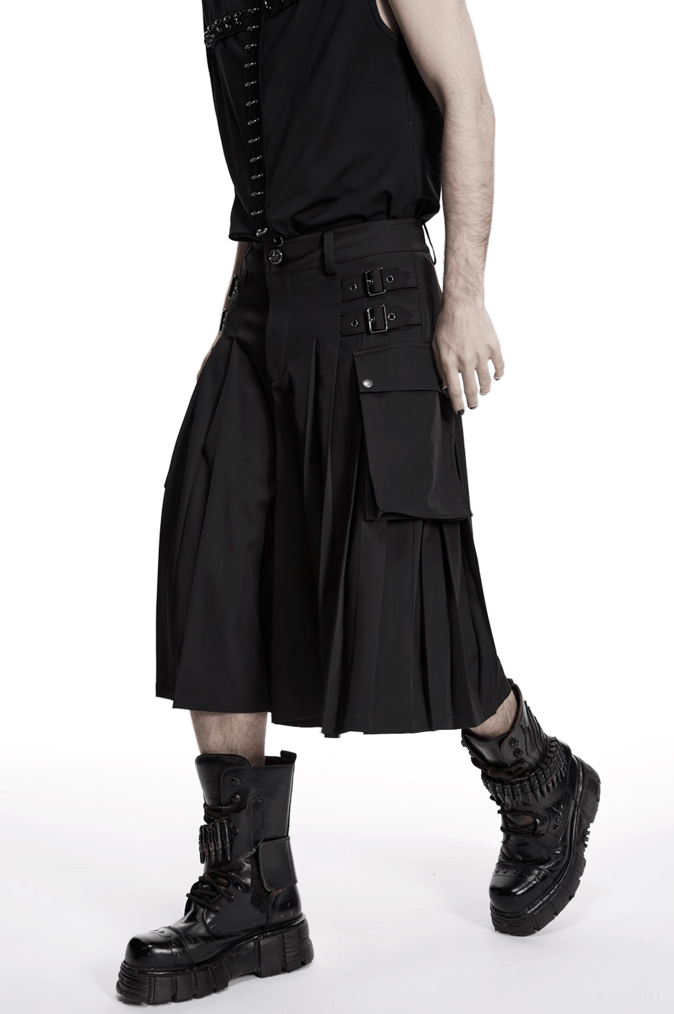 Gothic cargo kilt side silhouette highlighting vertical pleats and functional cargo pockets