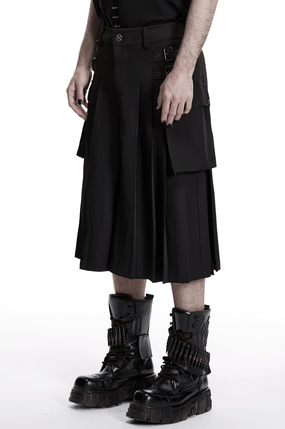 Gothic cargo kilt styling with alternative fashion accessories and dark aesthetic elements