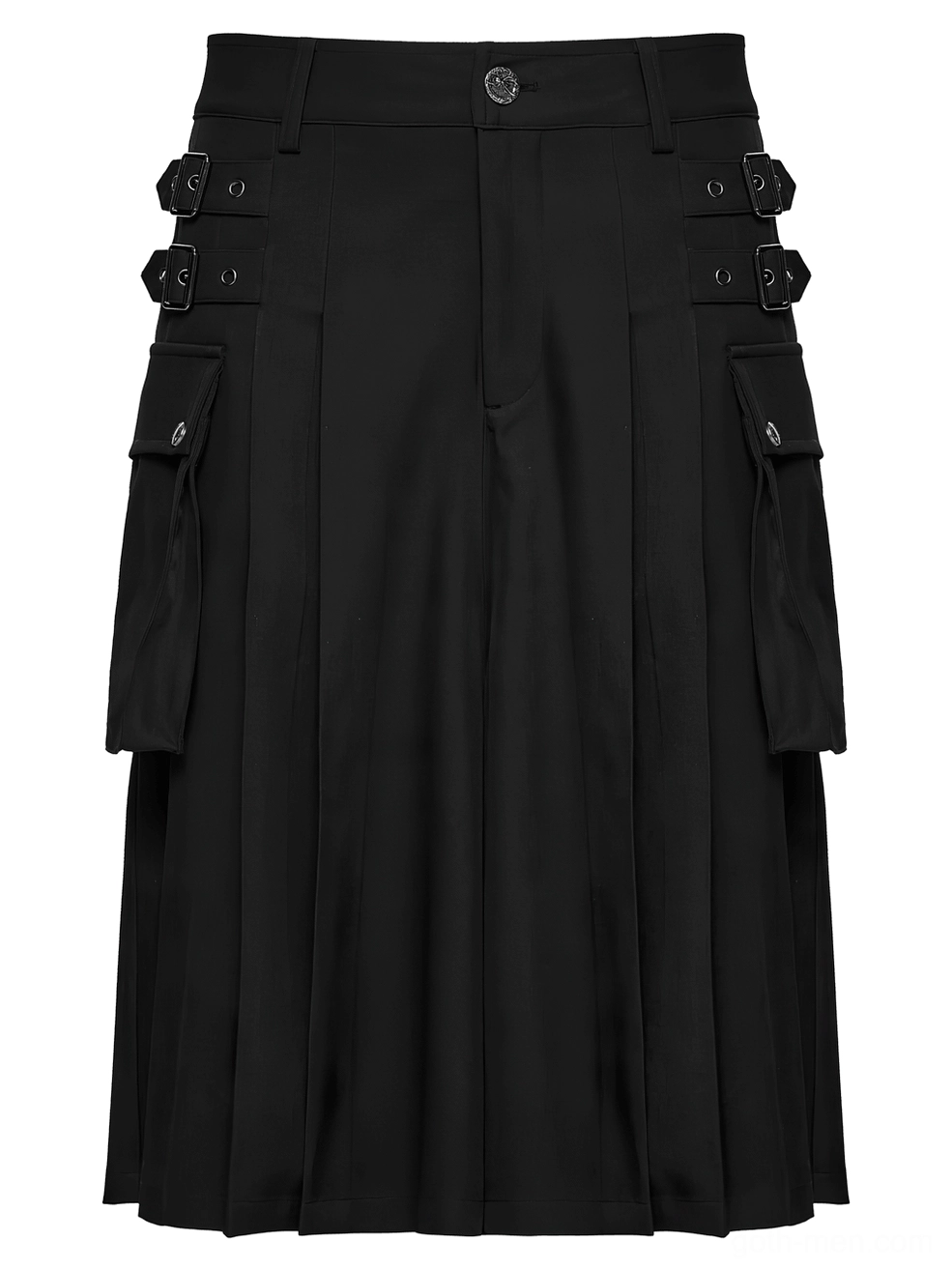 Front flat lay view of gothic cargo kilt with branded waist button and dual side buckles