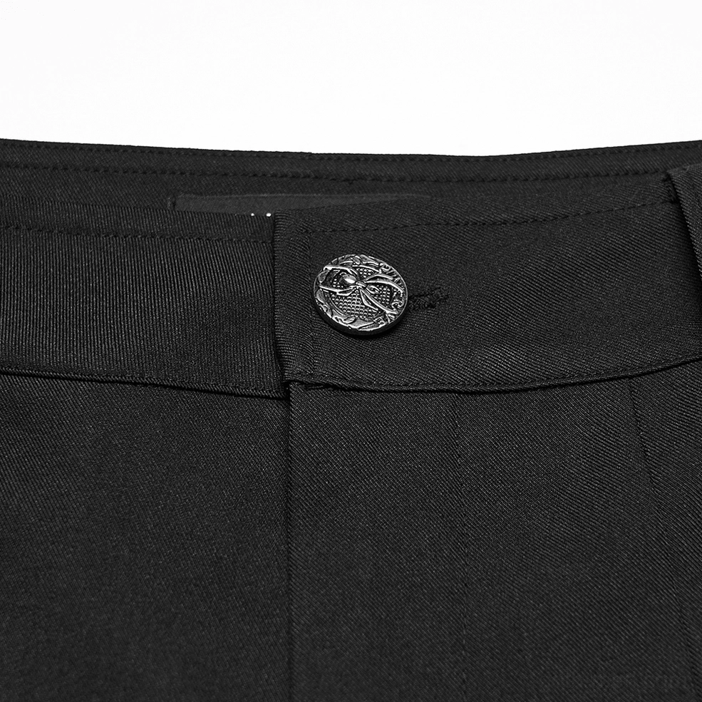 Waistband close-up of gothic cargo kilt showing embossed metal button, neat woven fabric and belt loops