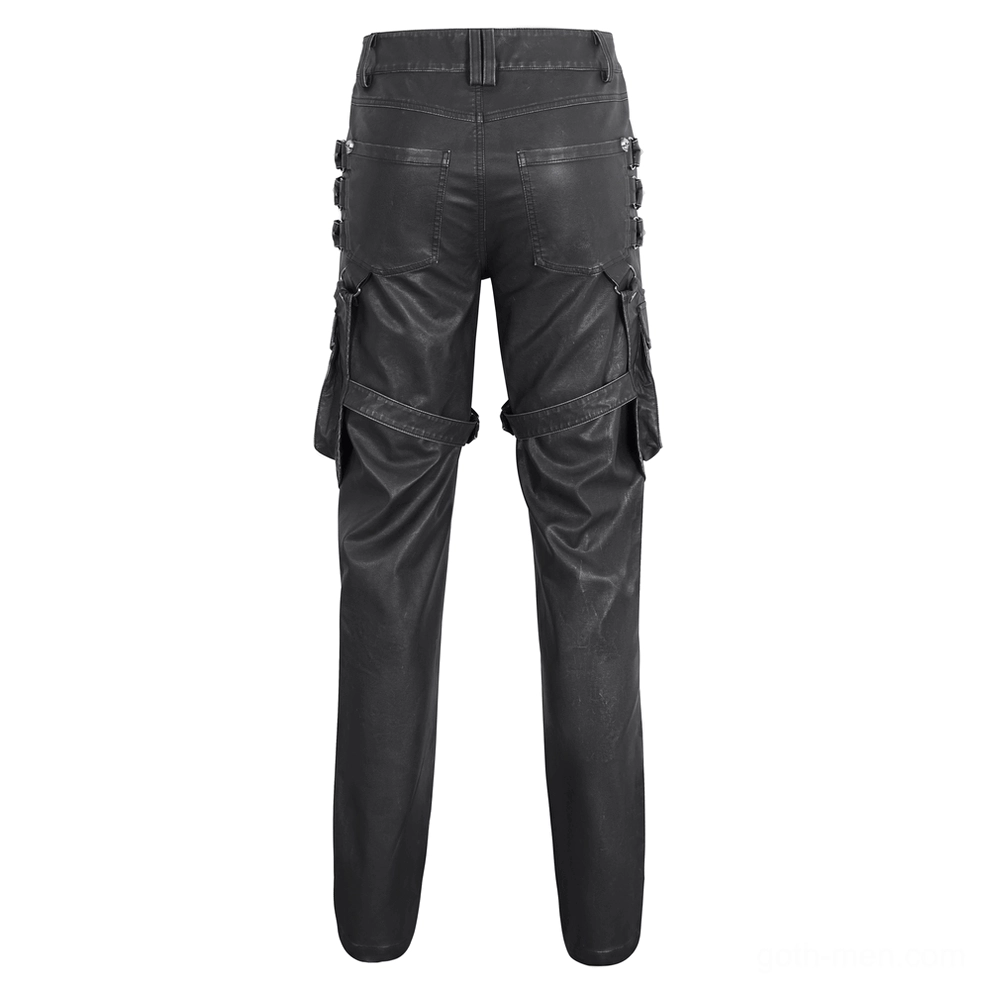Black gothic leather pants rear view emphasizing back pocket construction, leg strap details, and metal rivet embellishments