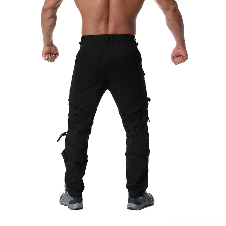 Black gothic cargo pants back full-body view with back pockets and side leg straps