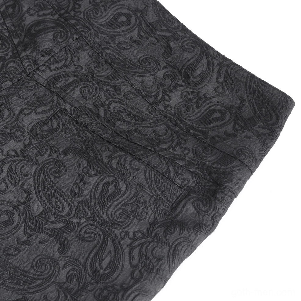 Black gothic cargo pants construction detail view of fabric and embroidery work