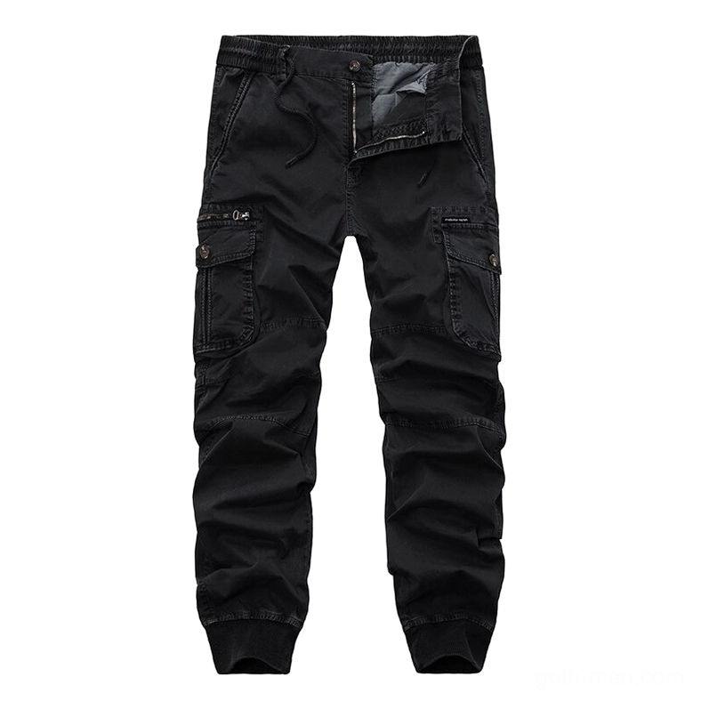 Black cargo tactical pants flat lay front showing drawstring waist and durable fabric texture