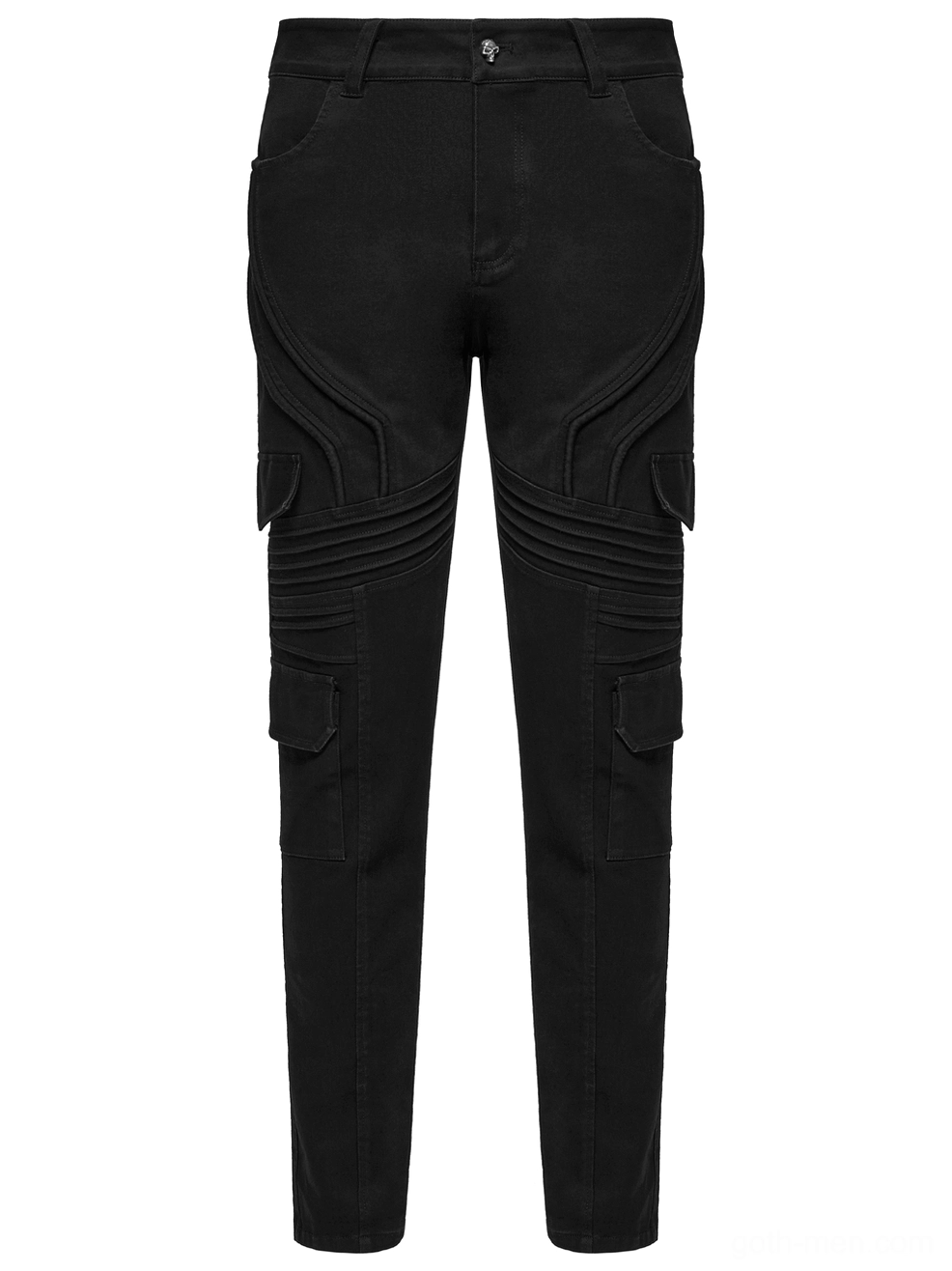 Black punk pants flat lay front view cargo pockets knee stitching details