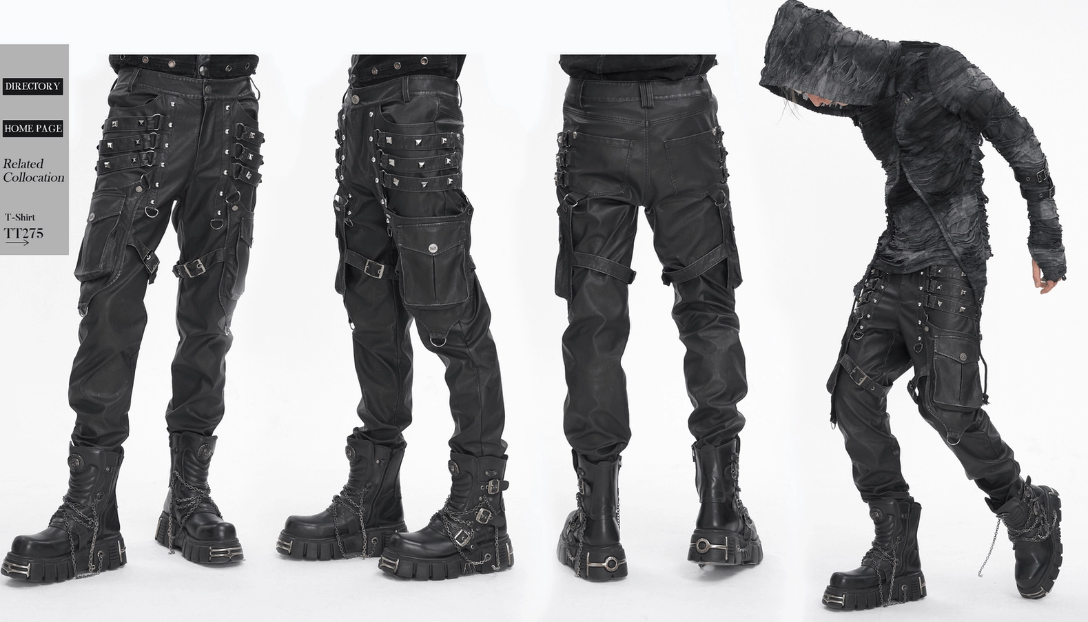 Black synthetic leather cargo pants full-length view from reverse angle, displaying comprehensive strap system, rivets, and alternative fashion statement