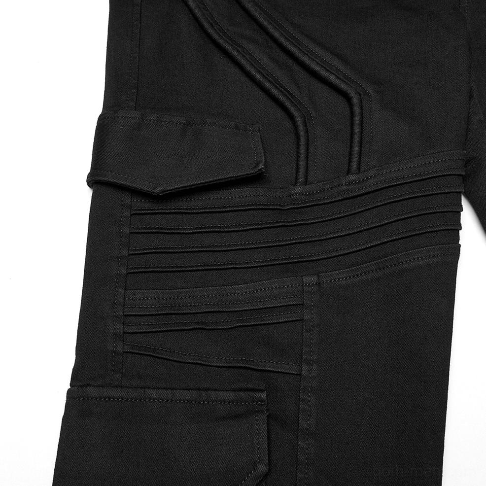 Cargo pocket detail black punk pants horizontal pleats flap pockets matte denim
