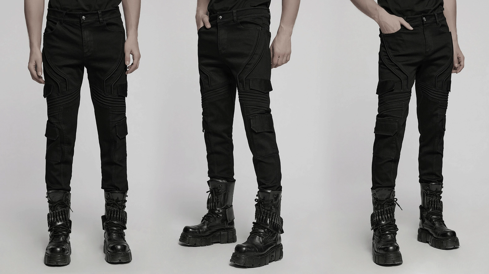 Black gothic cargo pants side cargo pocket architectural pleats design detail