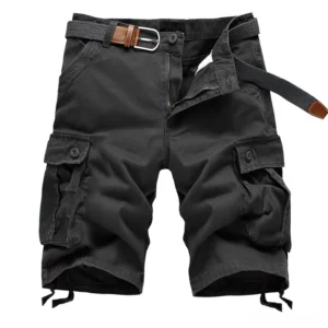 Black gothic cargo shorts flat lay showing flap pockets, fabric belt, and drawstring hem detail