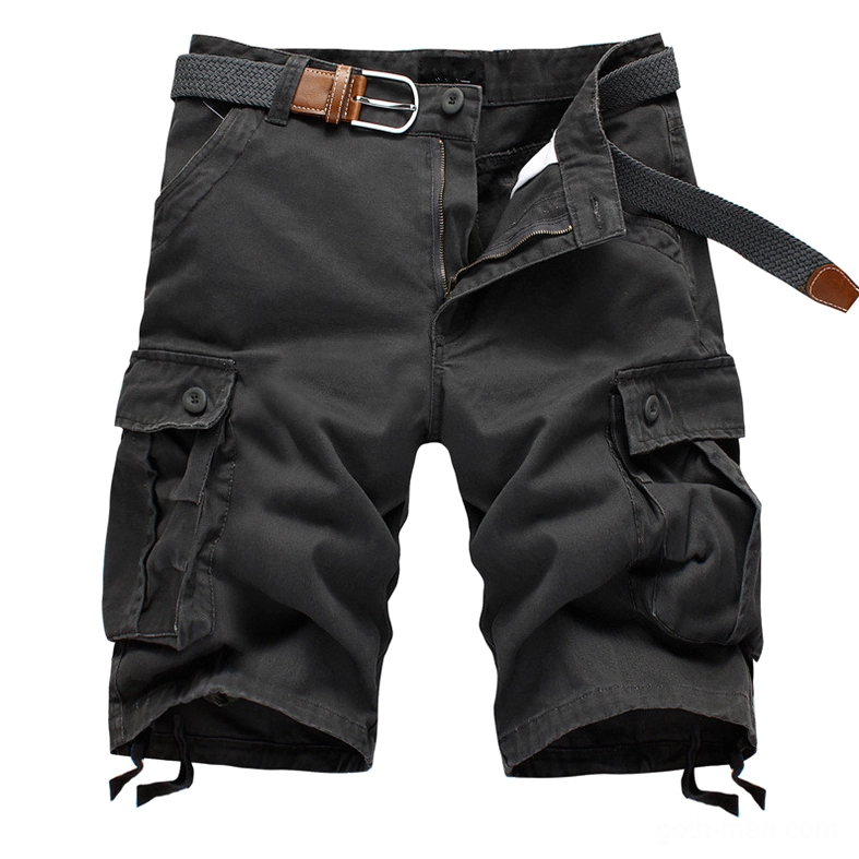 Black gothic cargo shorts flat lay showing flap pockets, fabric belt, and drawstring hem detail
