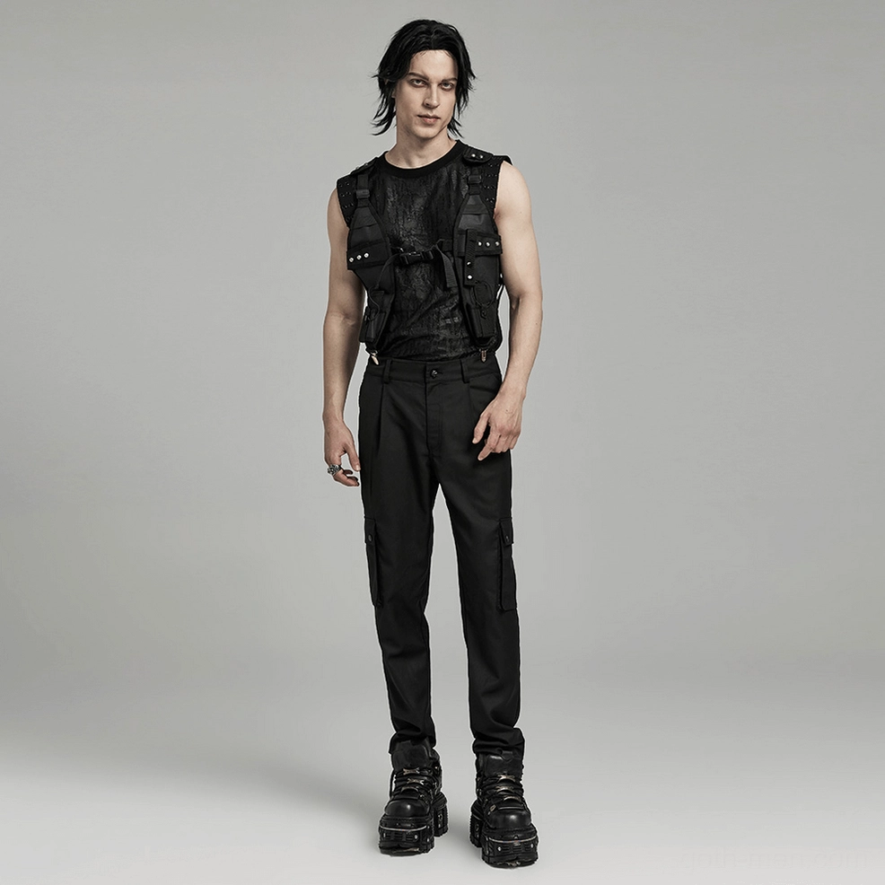 Black gothic cargo trousers styled with alternative fashion outfit, front full-body view of complete look