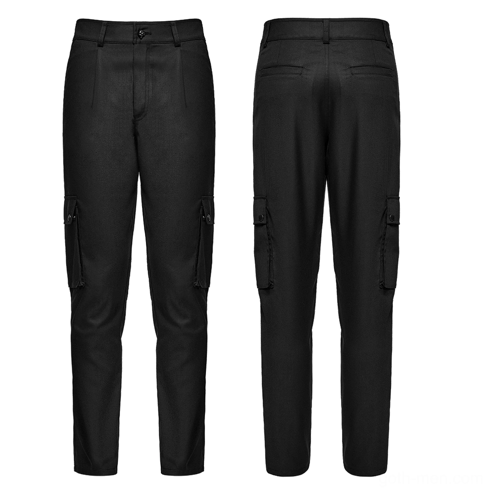 Flat lay display of black mens gothic cargo trousers showing front and rear design with functional cargo pockets