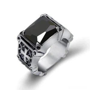 Black gemstone celtic cross gothic ring, side profile showcasing engraved iron cross motifs and faceted stone detail