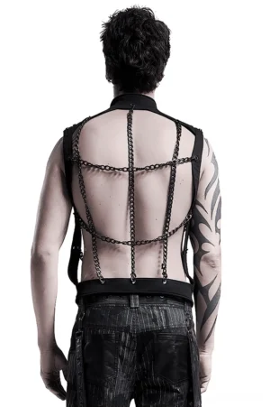 Black chain gothic harness vest back view, backless grid chain structure, fitted waistband, rear detail shot