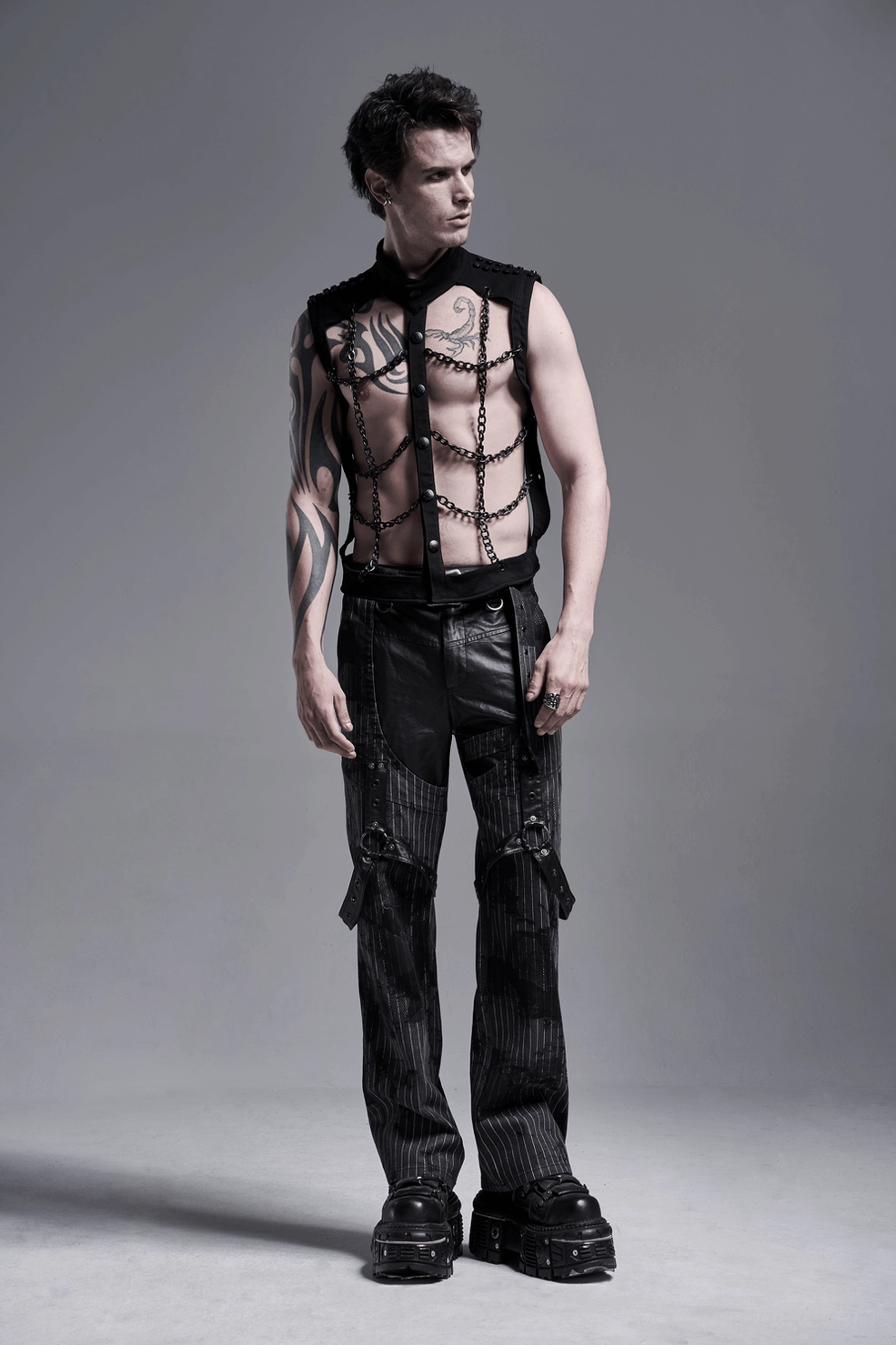 Black chain gothic harness vest complete outfit ensemble, all-black aesthetic, gothic nightclub ready