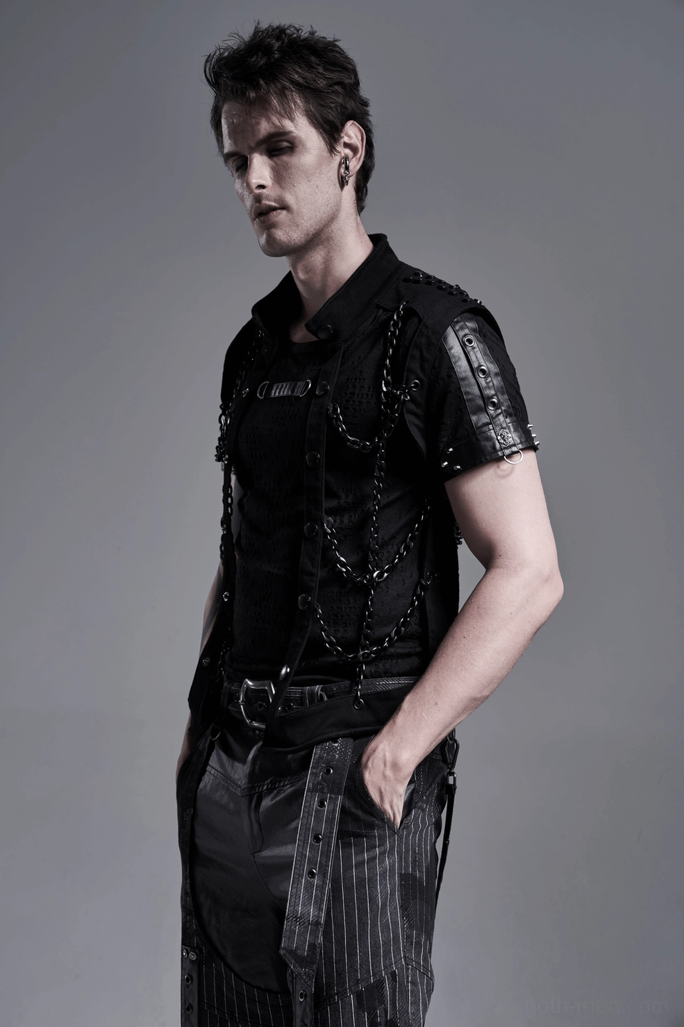 Black chain gothic harness vest fabric quality, premium cotton spandex blend, twill texture close inspection