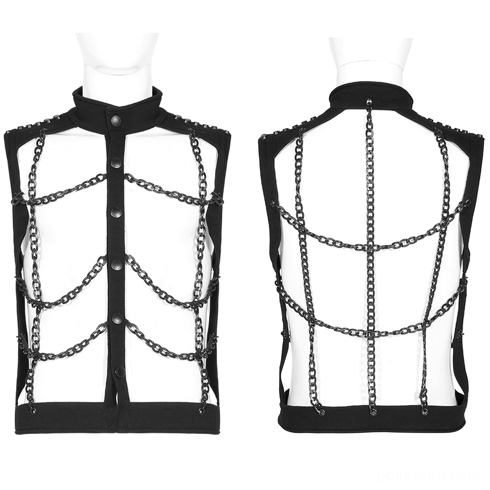 Black chain gothic harness vest front and back comparison, dual mannequin display, stand collar metal snaps button closure