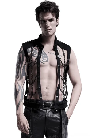 Black chain gothic harness vest front view worn by tattooed male model, industrial chain grid pattern, stand collar sleeveless design