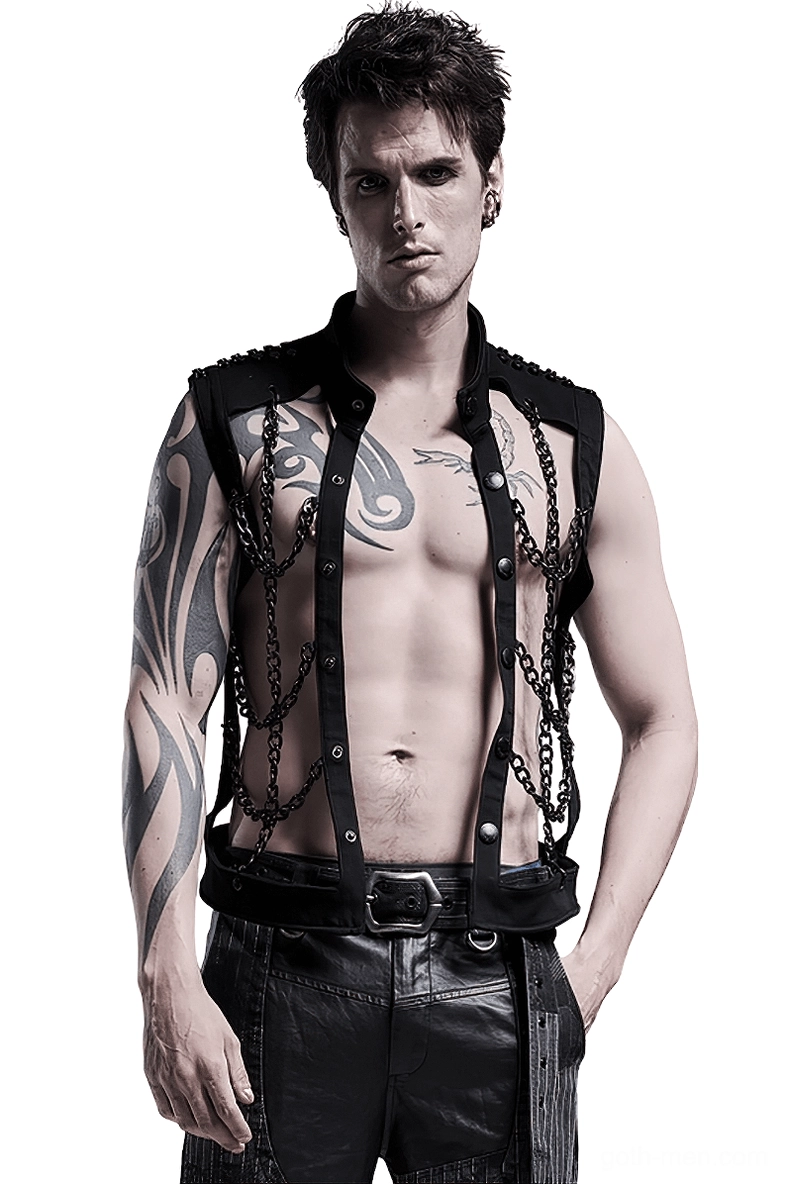 Black chain gothic harness vest front view worn by tattooed male model, industrial chain grid pattern, stand collar sleeveless design