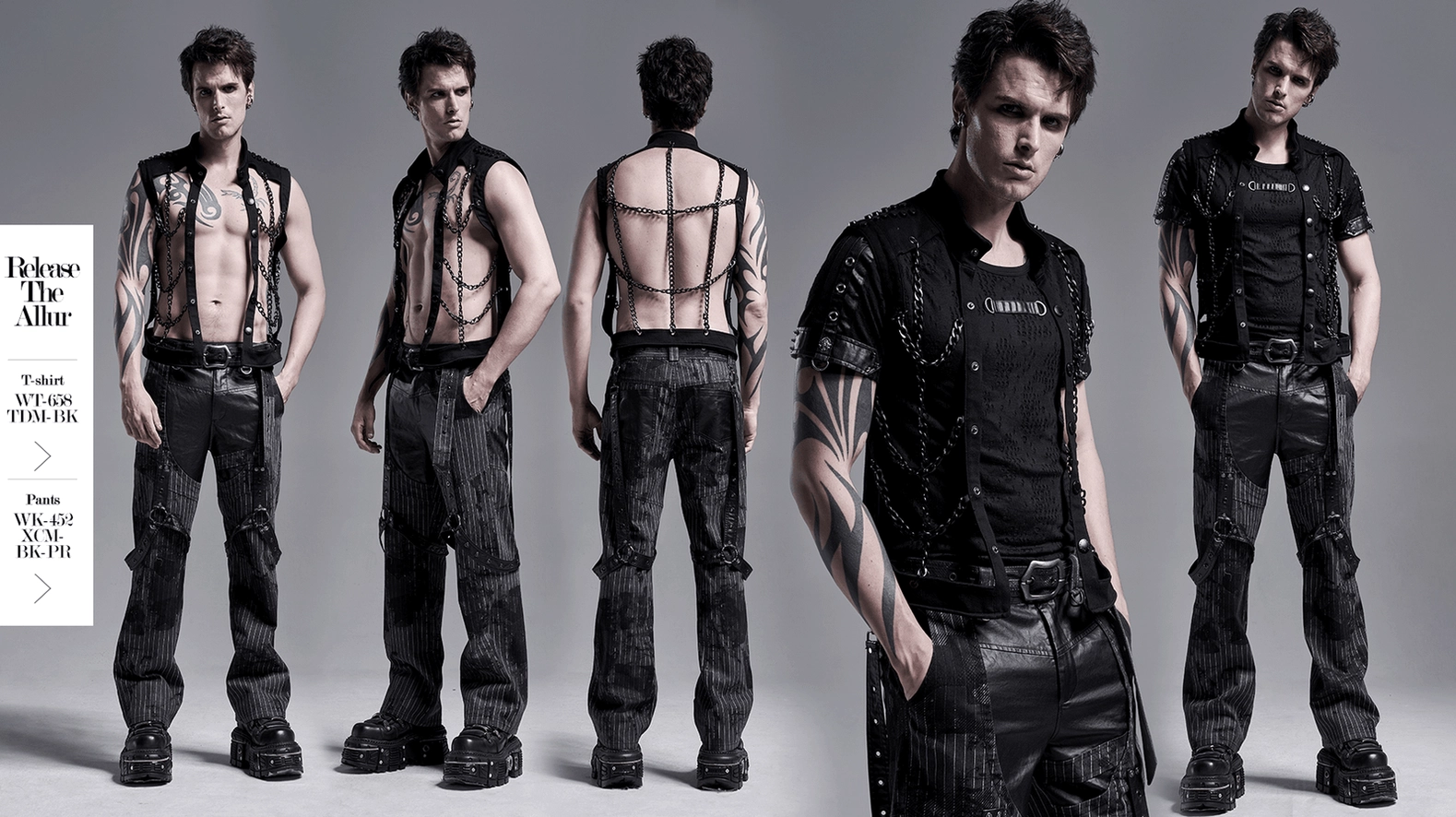 Black chain gothic harness vest lighting detail, aluminum chains catching light, shadow play visual effect