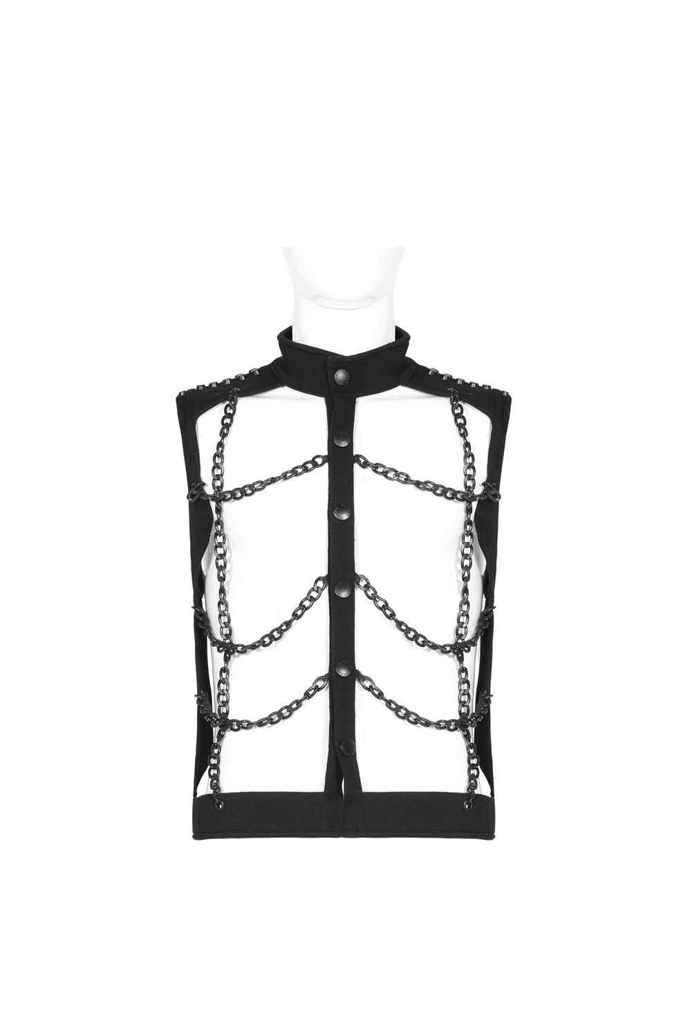 Black chain gothic harness vest mannequin front display, stand collar button placket, chain harness design detail
