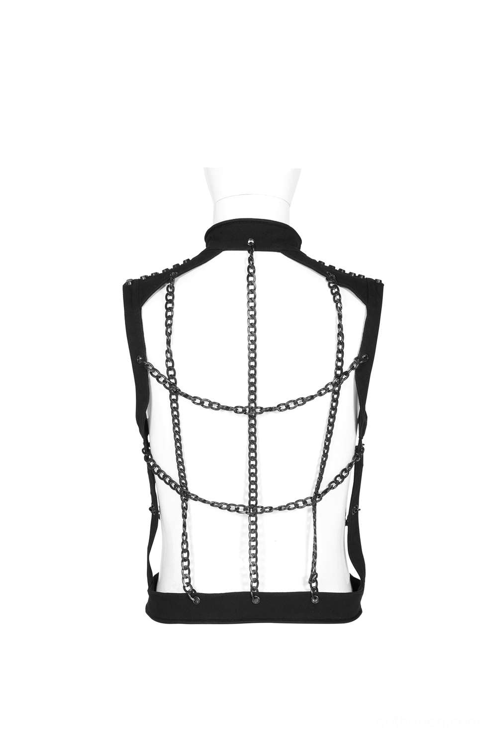 Black chain gothic harness vest rear mannequin view, backless chain grid layout, black fabric trim, gothic aesthetic