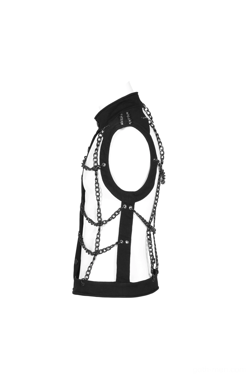 Black chain gothic harness vest side profile view, cutout shoulder detail, slim fitted silhouette, chain structure